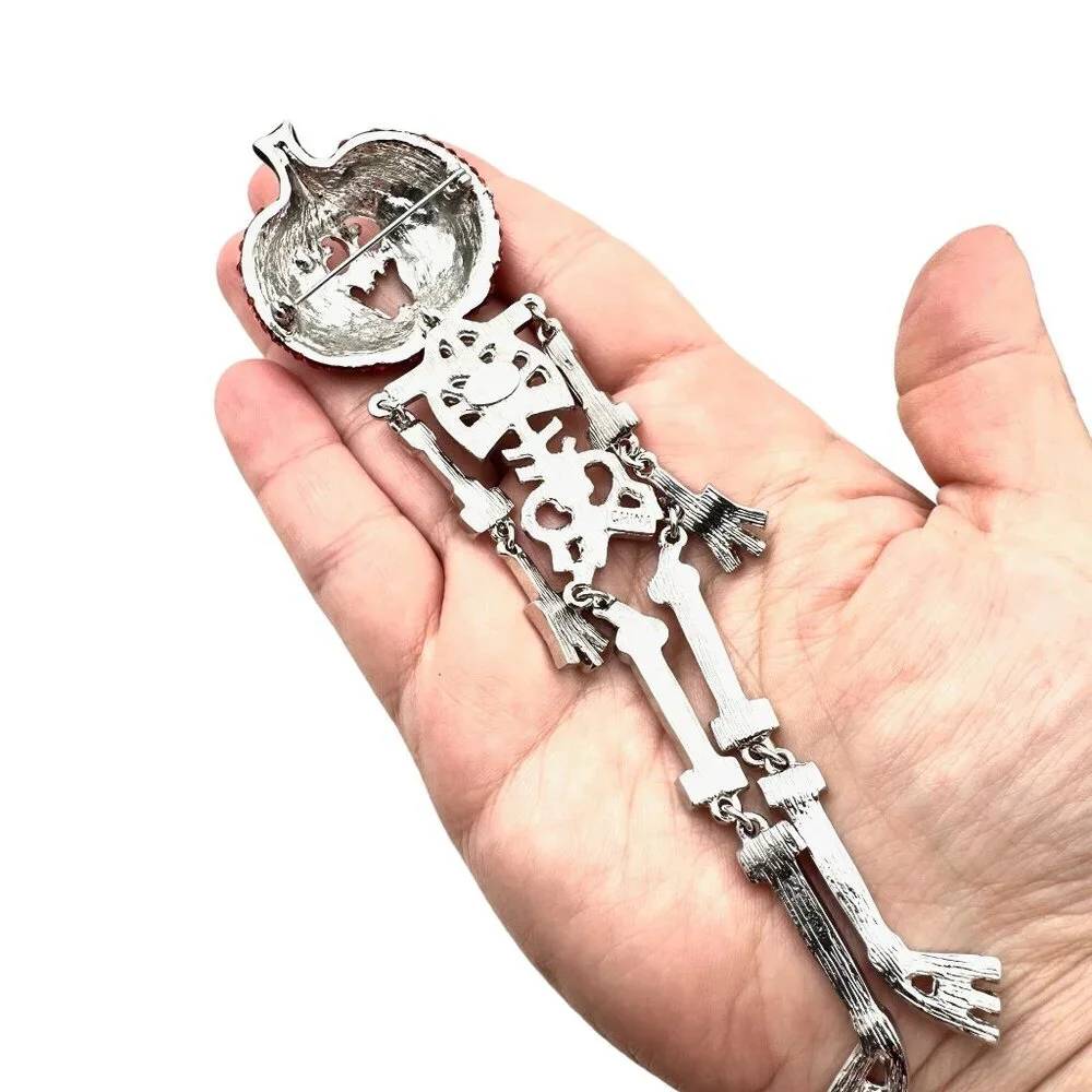 Kirks Folly Womens Brooch Jumping Jack Halloween Skeleton Pumpkin Silver Tone
